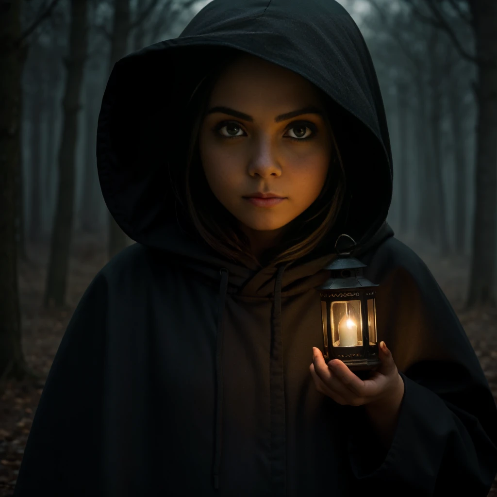 a mysterious character. Camera focused on the face of the person with big eyes and open eyes. wearing a black hood. walking in a dark landscape with a lantern on my hand