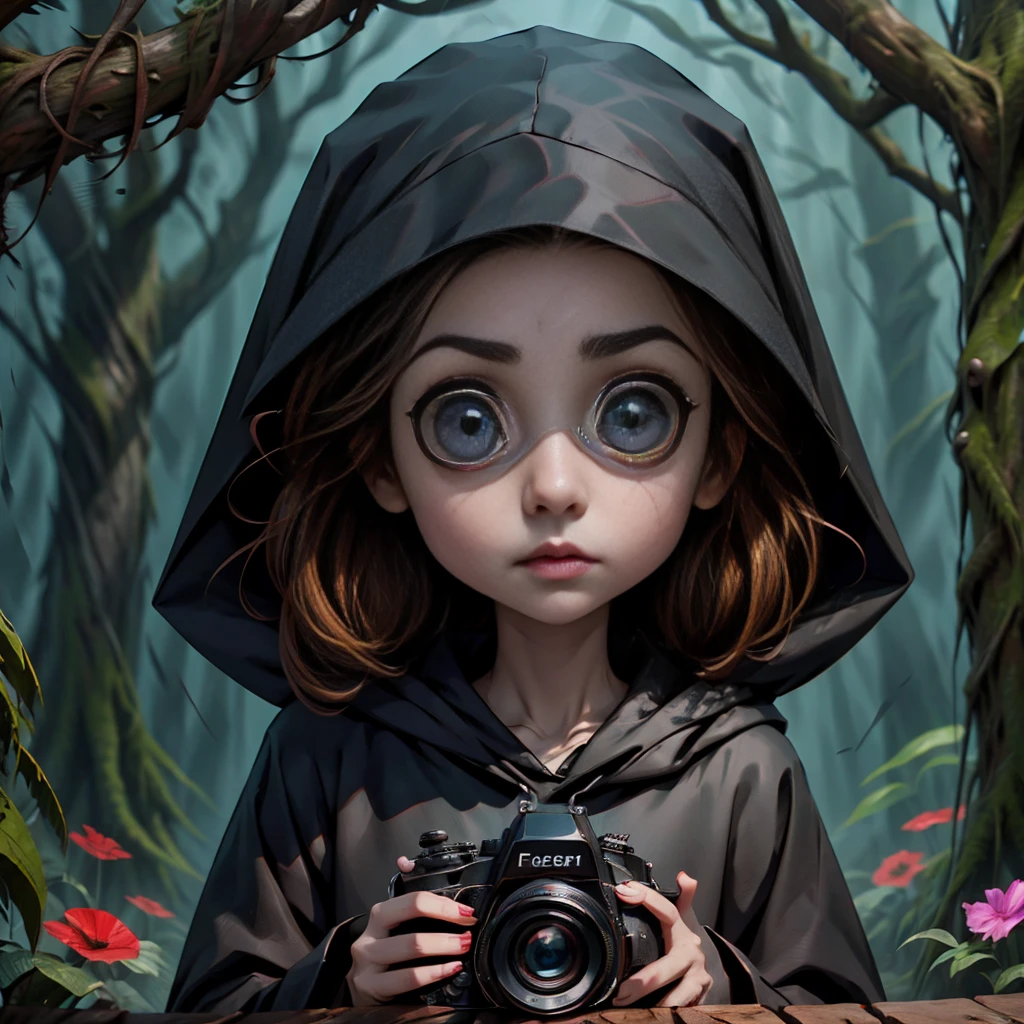 a mysterious character. Camera focused on the face of the person with big eyes and open eyes. wearing a black hood. 