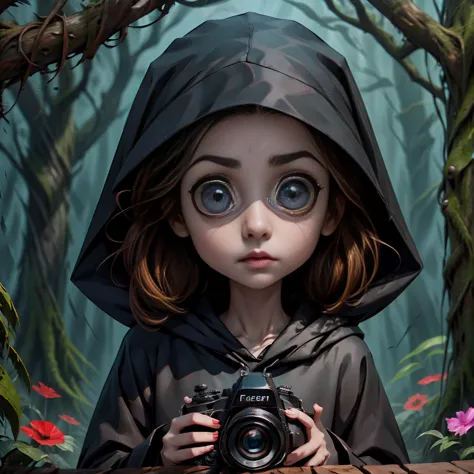 a mysterious character. camera focused on the face of the person with big eyes and open eyes. wearing a black hood.