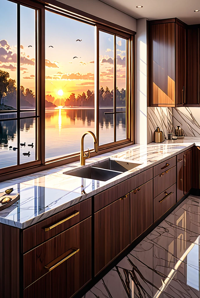 an American kitchen,  shiny white marble sink and golden stainless steel, Mahogany cabinets and smoked glass doors, in the background a large window overlooking a magnificent lake full of ducks, with the radiant sunset coming through the window, kitchen hallway view, estino anime 8k, HDR, UHD, photorealistic, intricate details, extremely detailed, incredible details, hyper-realistic, extremely intricate details. 