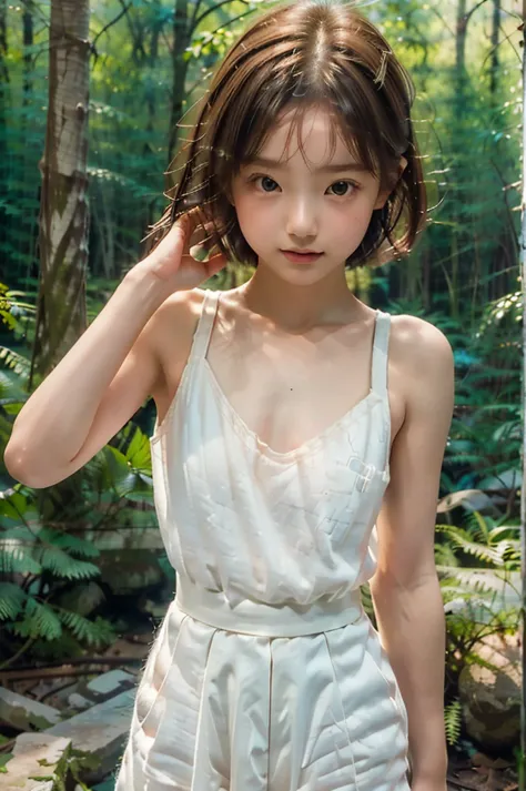 japanese girl　young face　childish　((small breasts))　the only clothes she was wearing were a white sleeveless dress.　knee-length ...