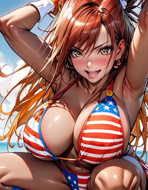 (((((cure sunny)))))、((brown skin:1.2))、american flag bikini、knee socks、((squat))、(spread your legs)、(big big breasts),(show me ...