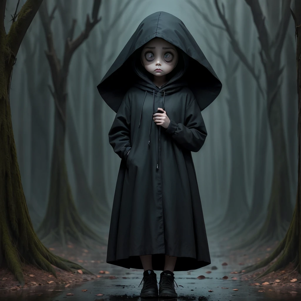 a mysterious character. Camera focused on the face of the person with big eyes and open eyes. wearing a black hood. in a dark landscape 