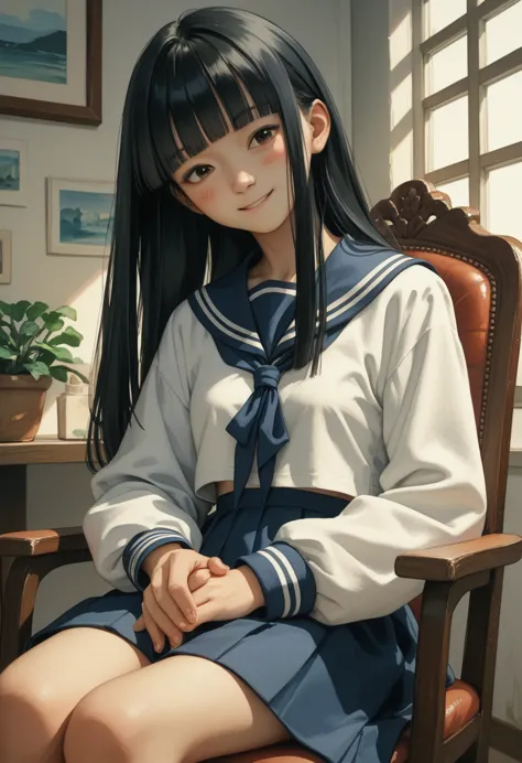 (drama,asian,imagem sem fundo,watercolor:1.1)black hair,long hair,blunt bangs,small breasts,dark blue sailor collar,white sailor...