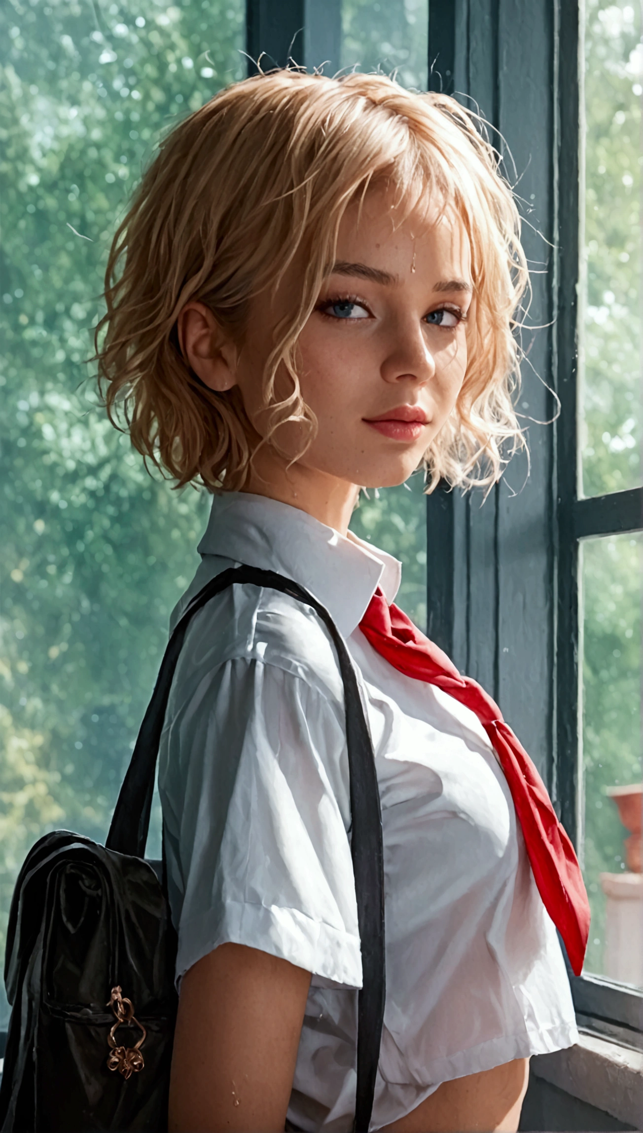 score_9, score_8_up, score_7_up, (realistic:1.4),1 blonde girl,beautiful detailed eyes,beautiful detailed lips,extremely detailed face, detailed full body, longeyes lashes,short hair,well-trained athletic body,sweaty skin,school uniform,choker,highres,8k,best quality,masterpiece