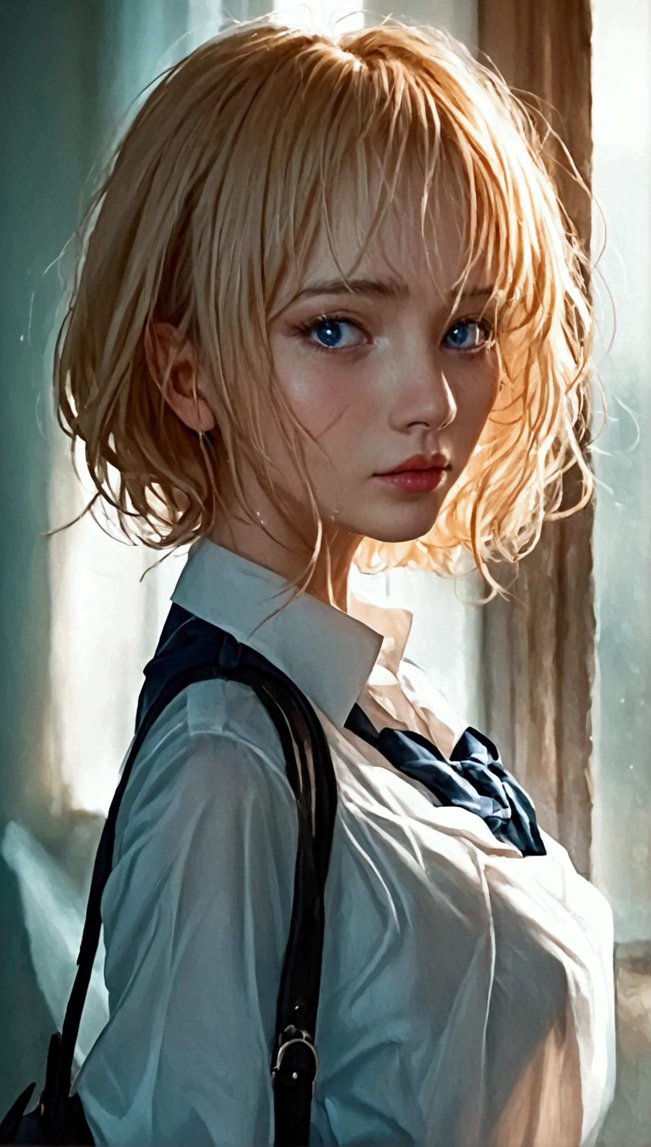 score_9, score_8_up, score_7_up, (realistic:1.4),1 blonde girl,beautiful detailed eyes,beautiful detailed lips,extremely detailed face, detailed full body, longeyes lashes,short hair,well-trained athletic body,sweaty skin,school uniform,choker,highres,8k,best quality,masterpiece