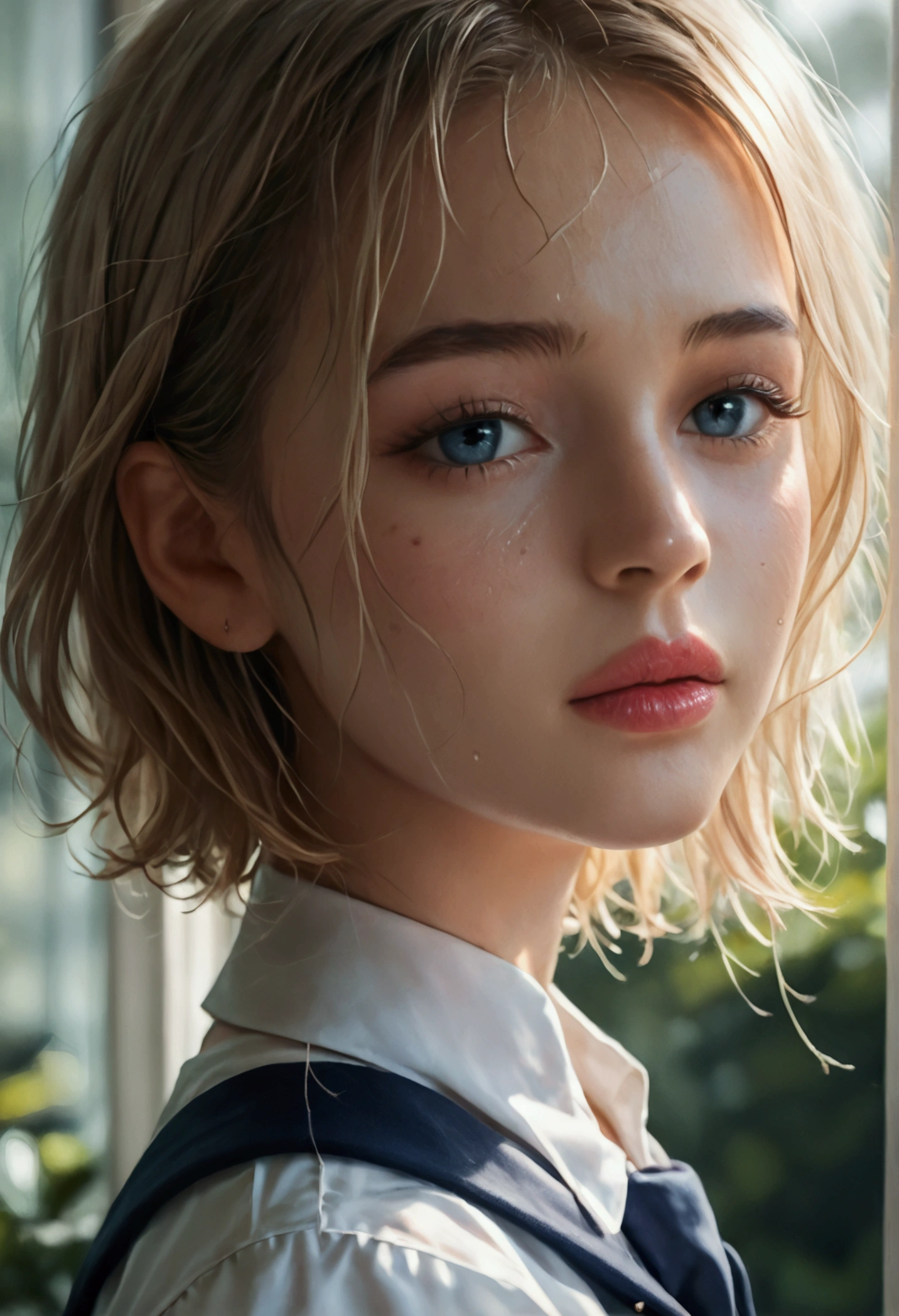 score_9, score_8_up, score_7_up, (realistic:1.4),1 blonde girl,beautiful detailed eyes,beautiful detailed lips,extremely detailed face, detailed full body, longeyes lashes,short hair,well-trained athletic body,sweaty skin,school uniform,choker,highres,8k,best quality,masterpiece