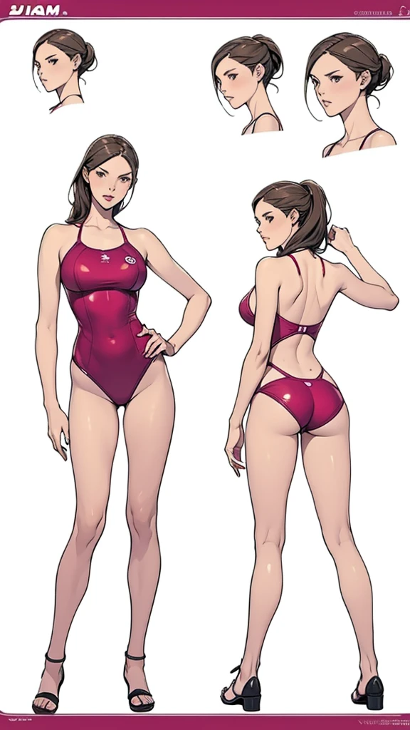 A woman, 20 years old,, swim suit, girl, nice ass, various angles, (front,3/4, side), character sheet, model sheet, reference sheet., cu