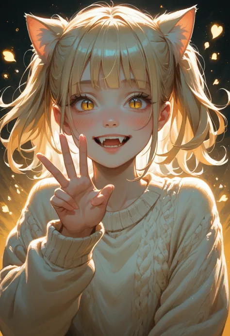 fair-skinned, blushing girl, (inward-slanted yellow eyes with slit-like irises like a cat), (light blonde hair),  toga himko, cr...