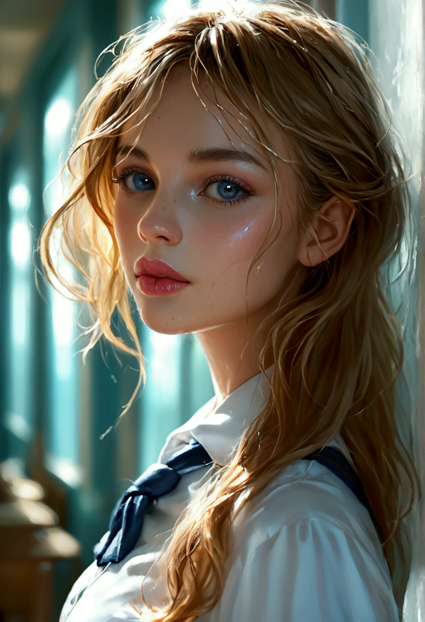 score_9, score_8_up, score_7_up, (realistic:1.4),1 blonde girl,beautiful detailed eyes,beautiful detailed lips,extremely detailed face, detailed full body, longeyes lashes,short hair,well-trained athletic body,sweaty skin,school uniform,choker,highres,8k,best quality,masterpiece