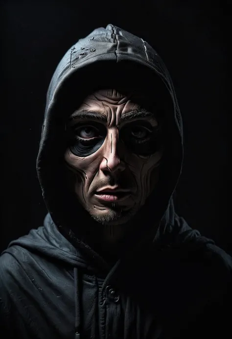 a mysterious character. focused on the face of the person and open eyes. wearing a black hood. in a black dark landscape