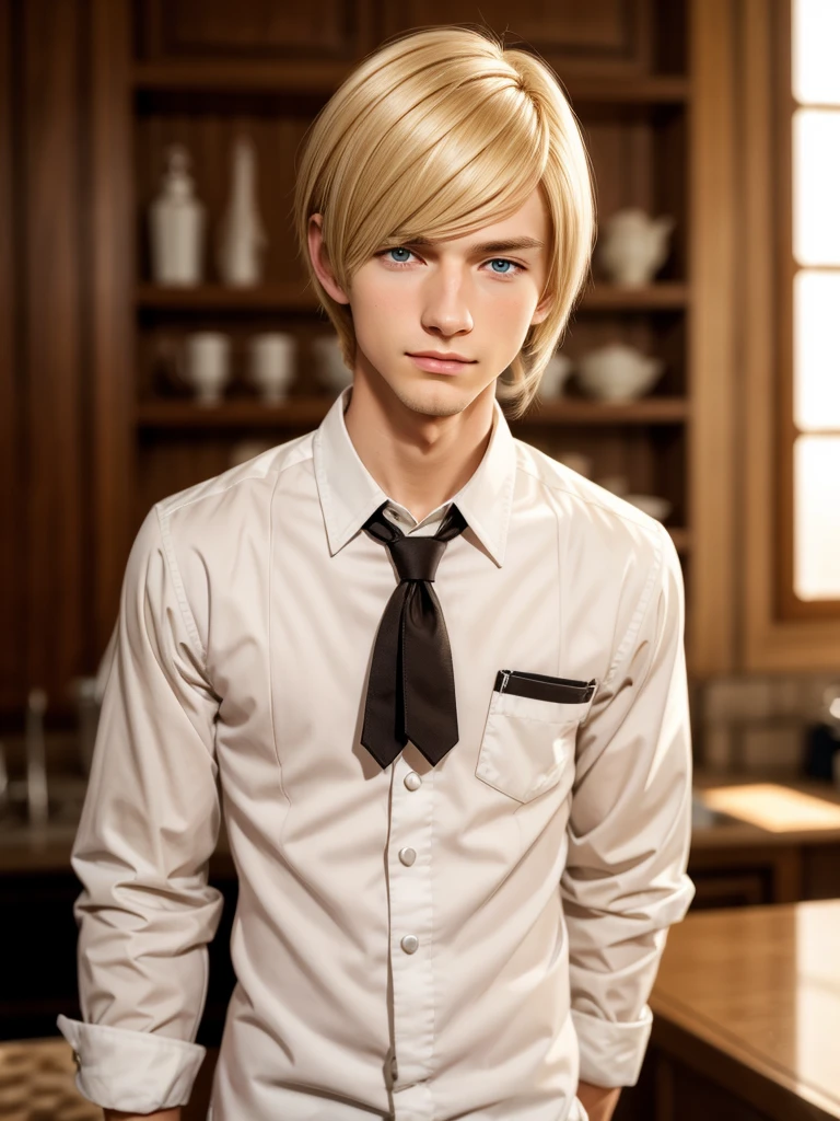 (best quality), 1boy, male, porcelain skin, blonde hair, medium hair, straight hair, side swept bangs, brown eyes, perfect eyes, boyish, cute face, patissier uniform, skinny body, masterpiece, anatomically correct, highres
