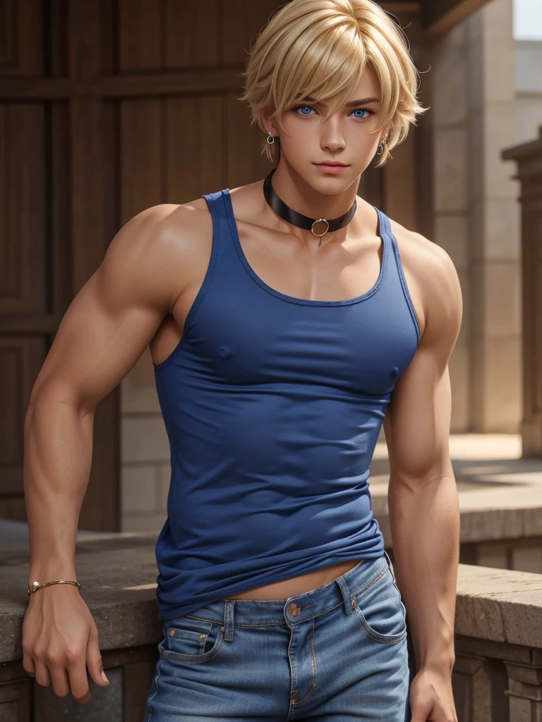 (best quality), 1boy, male, femboy, tanned skin, blonde hair, medium hair, side bangs, beautiful hairstyle, blue eyes, perfect eyes, cute face, choker, tank top, jeans, earrings, pout, skinny body, masterpiece, anatomically correct, highres
