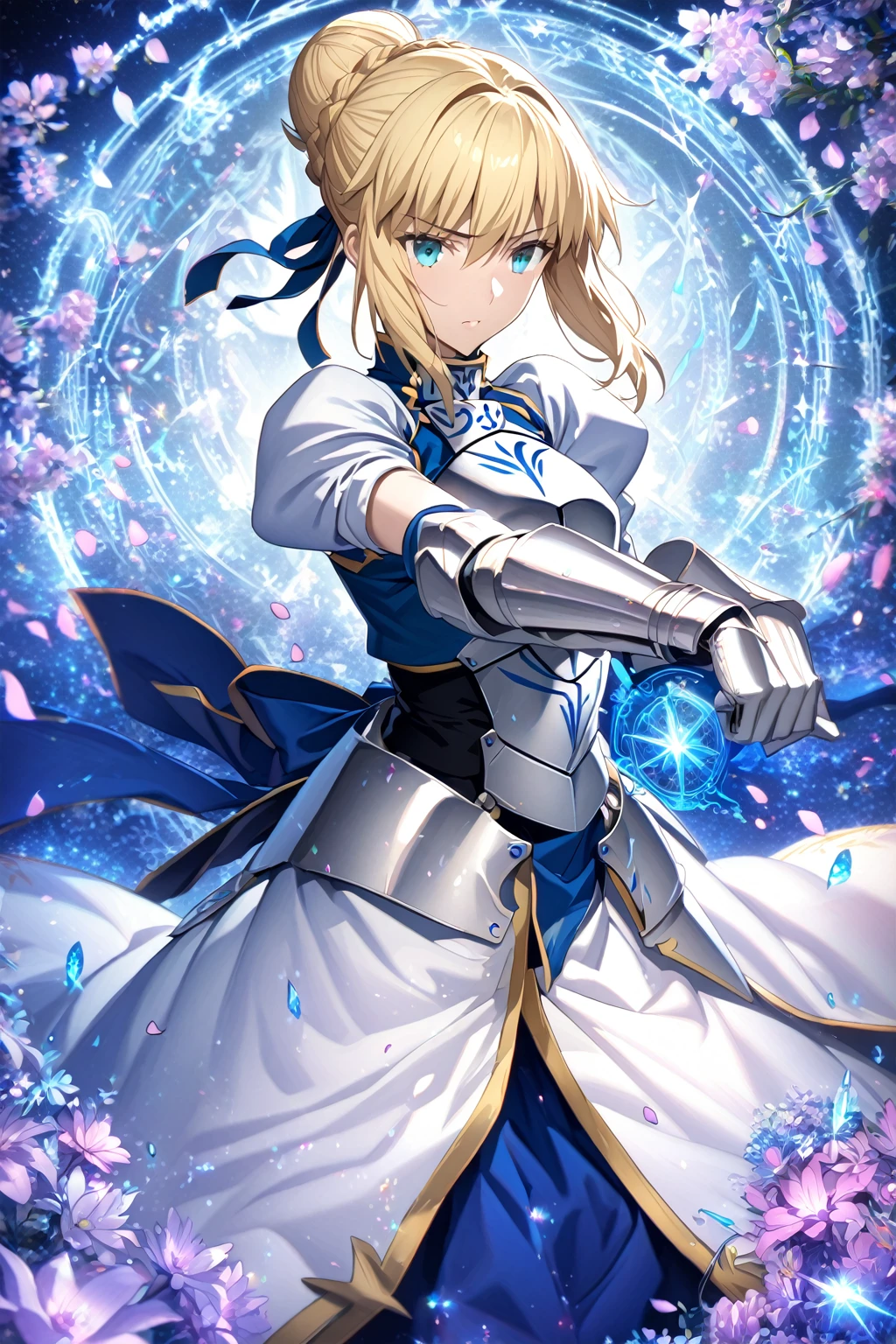 absurdres, highres, ultra detailed, HDR, master piece, Artoria Pendragon, blonde hair tied in a bun, expressive turquoise eyes, Saber, blue dress, extremely beautiful, sexy woman, best quality, Fate Grand Order, magical circle, fantasy, magical, sensual, blue starry sky, glittering, accessories, silver armor, blue ribbon, blue magic, blue flames, pink flowers, silver gloves, purple petals