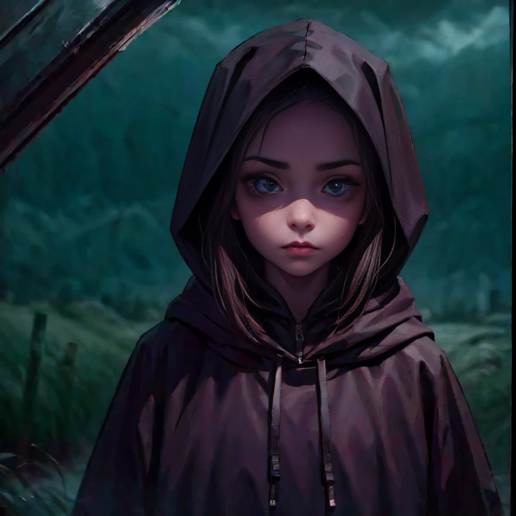 a mysterious character. focused on the face of the person and open eyes. wearing a black hood. in a dark landscape 