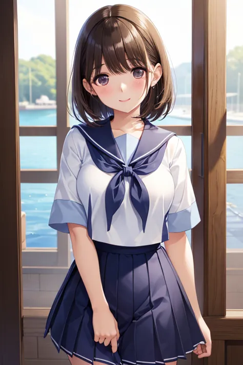 anegasaki nene、Shiny brown hair, Short Hair, (茶色のBeautiful目、Sparkling eyes, Fine grain)、smile、Ultra-detailed eyes、Highly detailed face, Highly detailed eyes,(Cowboy Shot)、



Only one female, ((Best Quality:1.2), One girl,Beautiful, cute, beautiful, 
Short-sleeved white sailor suit、Navy blue mini pleated skirt、Very short mini skirt、Bare thighs、
break, prison gate island