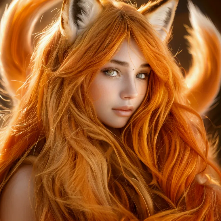 a beautiful fox girl, a girl with fox-like features, fox ears, orange-red hair, fluffy tail, detailed facial features, beautiful...