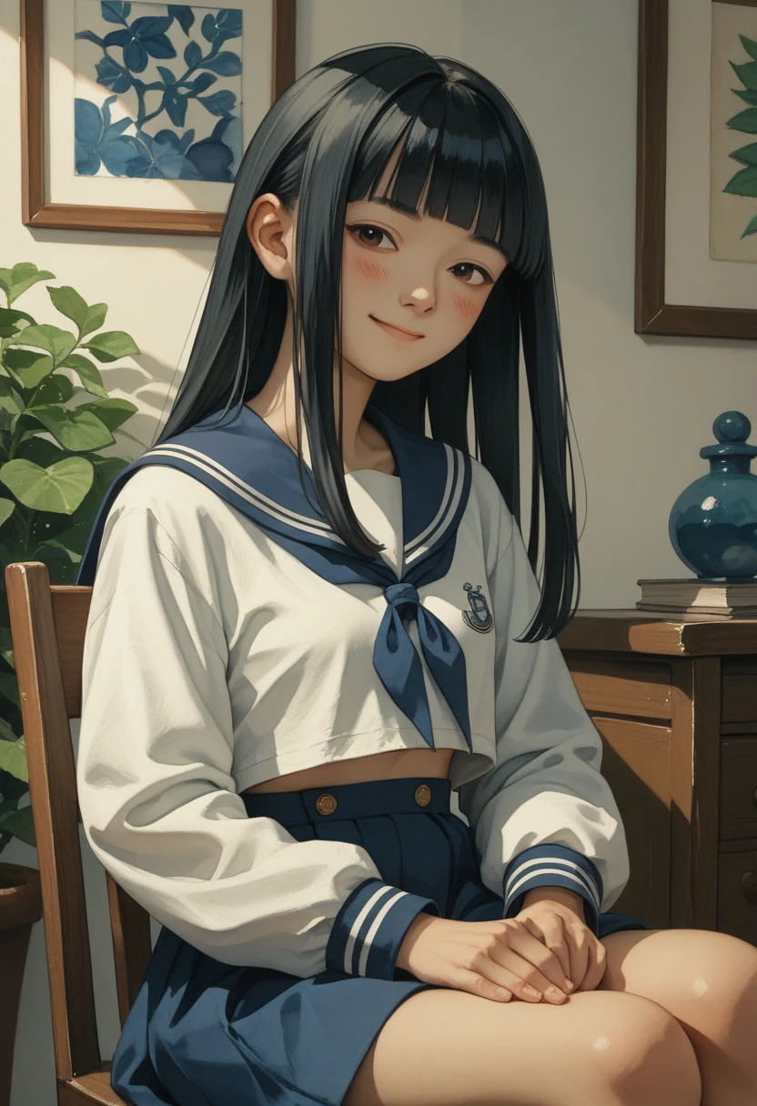 (drama,asian,imagem sem fundo,watercolor:1.1)black hair,long hair,blunt bangs,small breasts,dark blue sailor collar,white sailor shirt,long sleeves,blush,light smile,sitting on chair,room