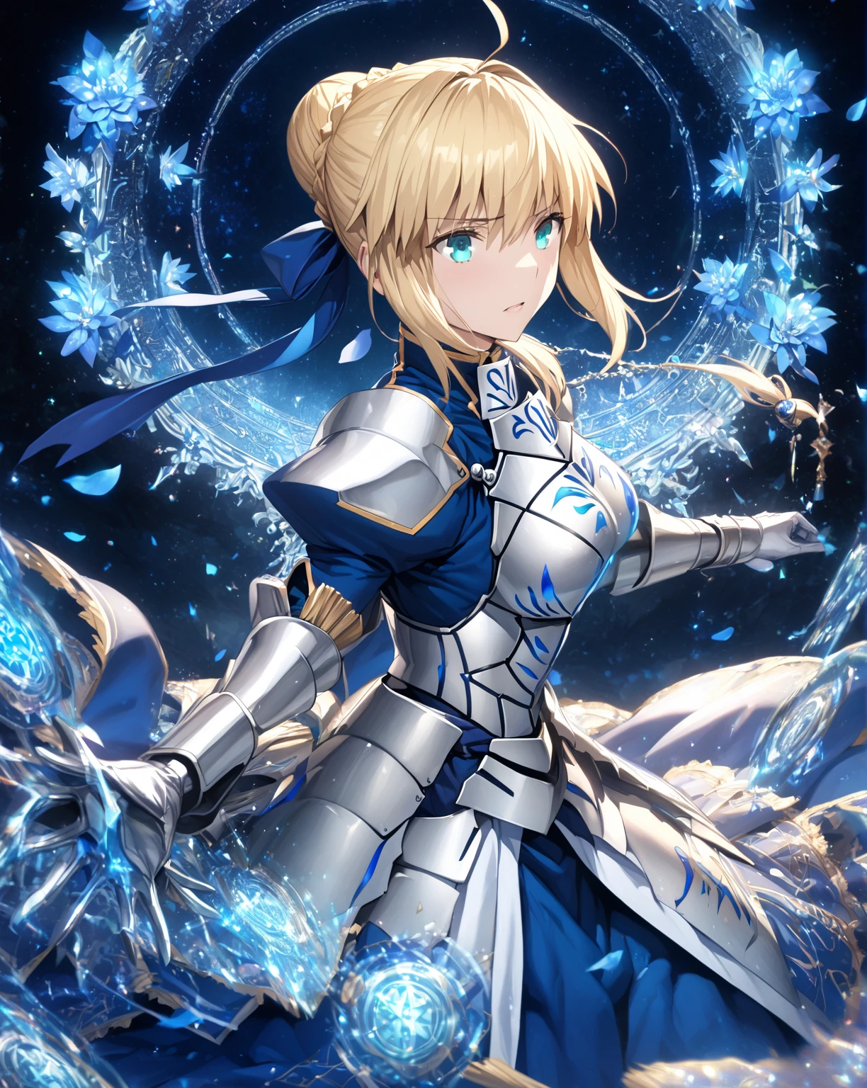 absurdres, highres, ultra detailed, HDR, master piece, Artoria Pendragon, blonde hair tied in a bun, expressive turquoise eyes, Saber, blue dress, extremely beautiful, sexy woman, best quality, Fate Grand Order, magical circle, fantasy, magical, sensual, blue starry sky, glittering, accessories, silver armor, blue ribbon, blue magic, blue flames, blue flowers, silver gloves, blue petals