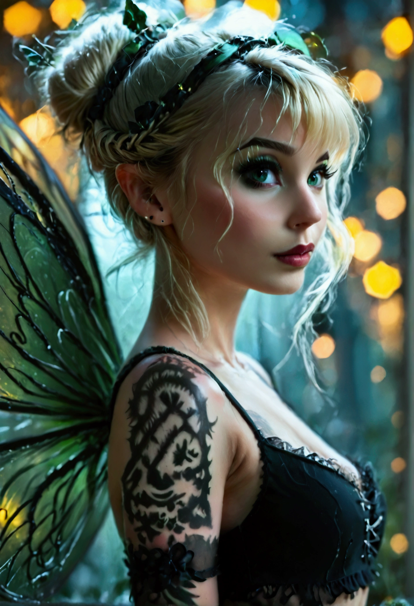 Dark tinkerbell, Goth Fairy, with a tattoo on her chest, in style of anne stokes, full body pose, full length portrait of fairy, beautiful fairy, realistic digital art 4k, digital fantasy portrait, intricate Tattoos, blonde hair styled in a messy updo, emerald green fairy wings, black lace-trimmed crop top, ethereal light filtering through the canopy, intricate body art, magical atmosphere, dark and mystical background, sharp focus on the subject, soft bokeh effect in the background. AniPnyXLQual, GothMOONXL