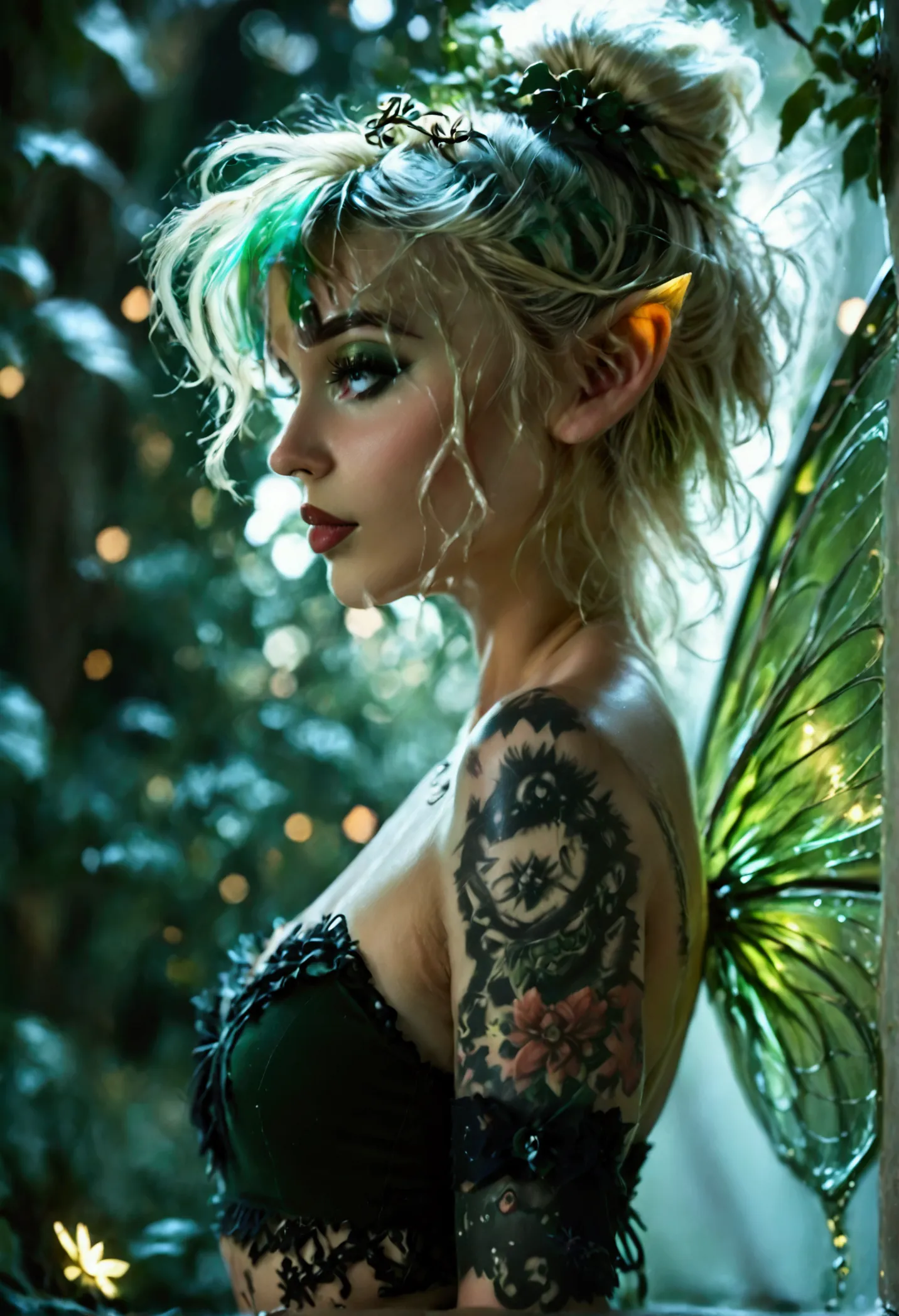 dark tinkerbell, goth fairy, with a tattoo on her chest, in style of anne stokes, full body pose, full length portrait of fairy,...