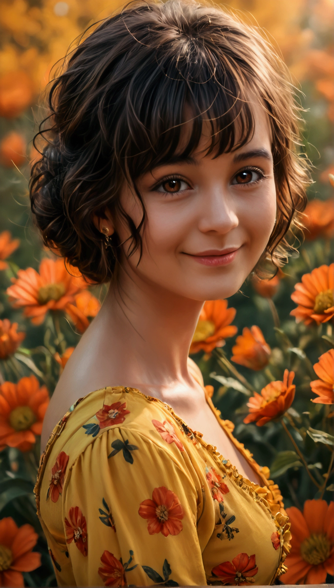 score_9, score_8_up, score_7_up, a beautiful girl with short curly brown hair,smiling,,dressed in a yellow dress with flower print,brown eyes,(best quality,4k,8k,highres,masterpiece:1.2),ultra-detailed,(realistic,photorealistic,photo-realistic:1.37),HDR,UHD,studio lighting,ultra-fine painting,sharp focus,physically-based rendering,extreme detail description,professional,vivid colors,bokeh,pixel art,scenary