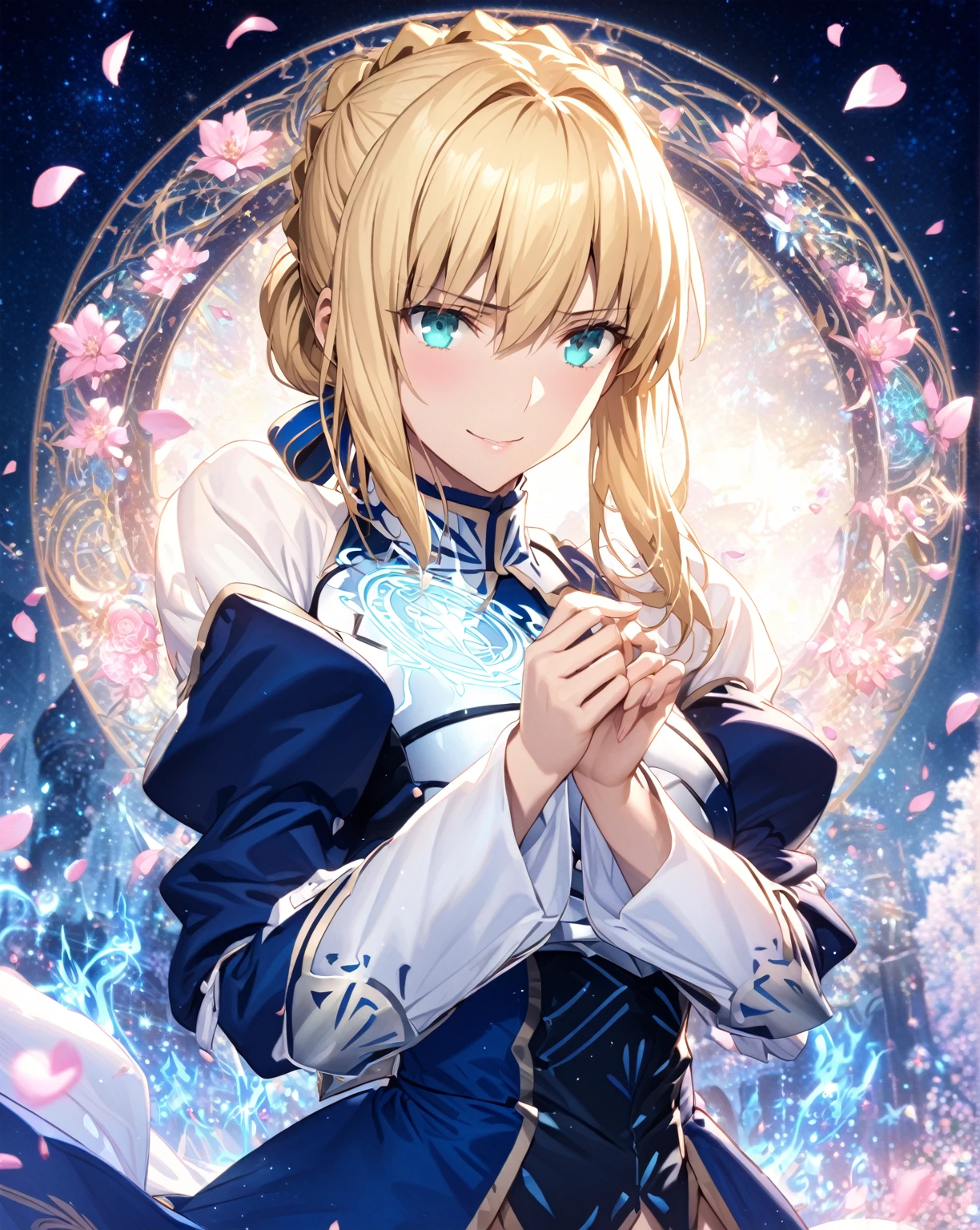 absurdres, highres, ultra detailed, HDR, master piece, Artoria Pendragon, blonde hair tied in a bun, expressive turquoise eyes, Saber, blue dress, extremely beautiful, sexy woman, best quality, Fate Grand Order, magical circle, fantasy, magical, sensual, blue starry sky, glittering, accessories, blue ribbon, blue magic, blue flames, pink flowers, pink petals, beautiful smile