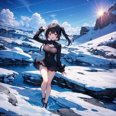 ice field, (solo), (1 skinny girl standing alone), swaying back, break, black hair, two side up, red eyes, bursting large breast...