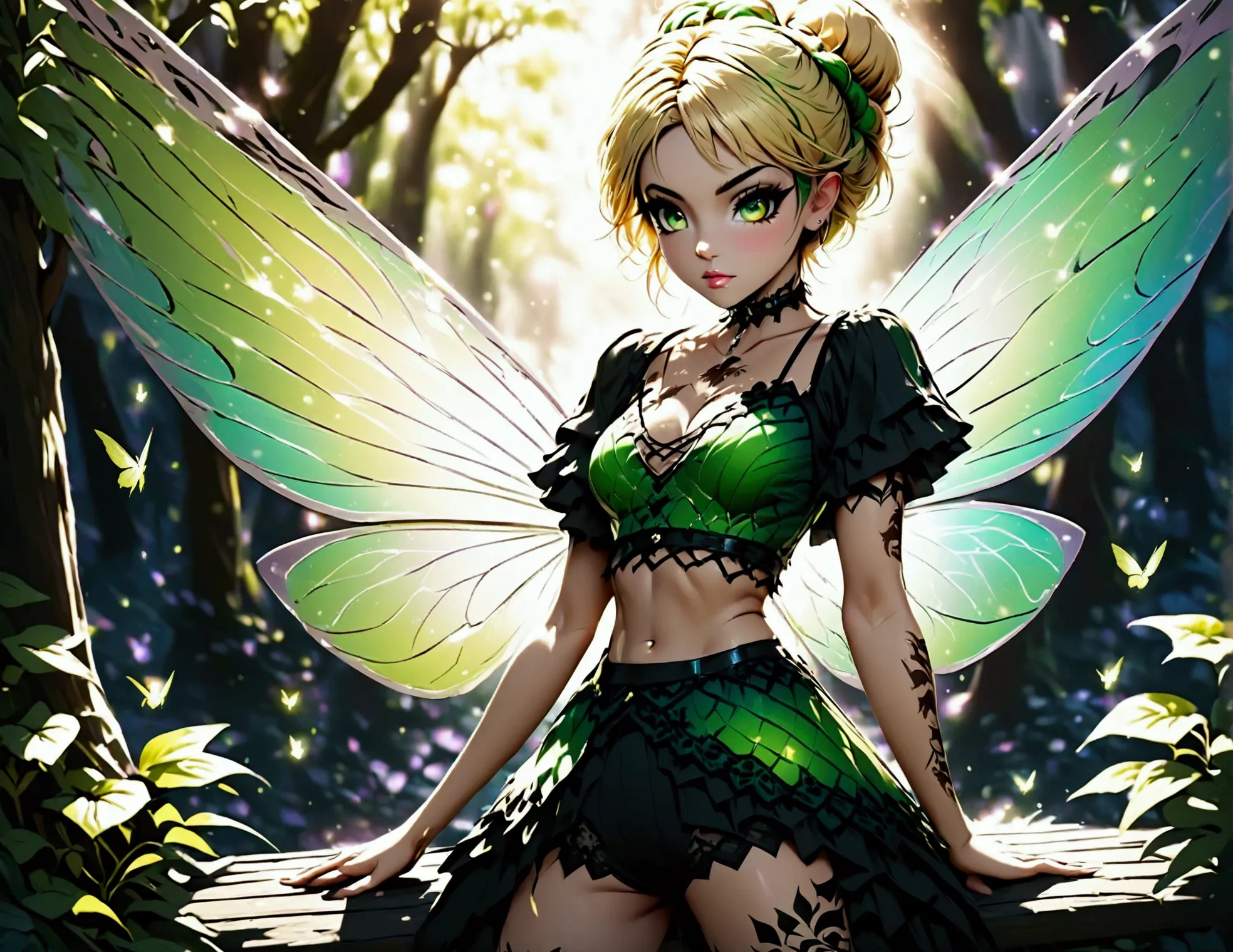 dark tinkerbell, goth fairy, with a tattoo on her chest, in style of anne stokes, full body pose, full length portrait of fairy,...