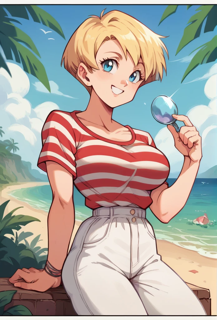 1 , Alone, short hair, blonde hair, Big breasts,high resolution, masterpiece, Anatomically correct, Necessary, high details, blue eyes, Smiling, on the beach, white and red striped blouse, white pants