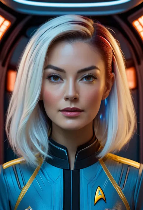 intricate detailed portrait of a woman in a star trek uniform, inside a futuristic spaceship, intricate details, hyper realistic...