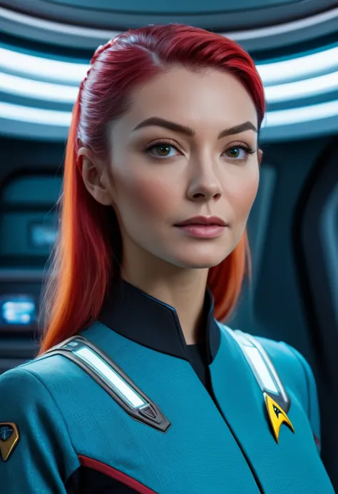 intricate detailed portrait of a woman in a star trek uniform, inside a futuristic spaceship, intricate details, hyper realistic...