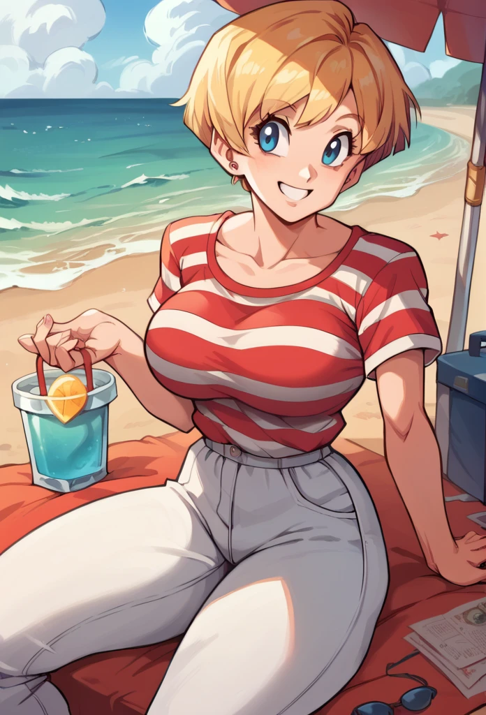 1 , Alone, short hair, blonde hair, Big breasts,high resolution, masterpiece, Anatomically correct, Necessary, high details, blue eyes, Smiling, on the beach, white and red striped blouse, white pants,thick thighs 