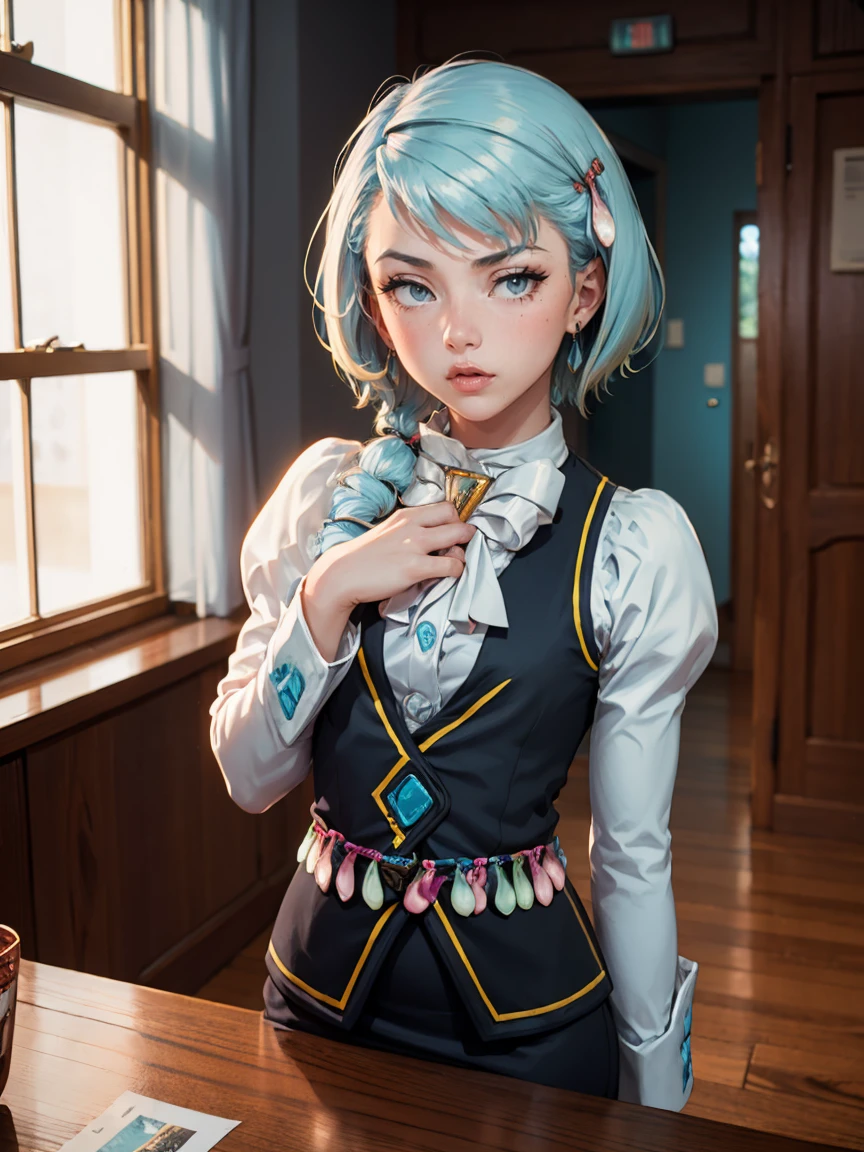 8k, ray tracing, vibrant colors, (aafranziska, light blue hair:1.5), (8 years_old:2.0), ascot, black vest, (flat chest:1.4), bare arms, pencil skirt, pantyhose, black gloves, jewelry, earrings, slim figure, masterpiece, sharp focus, Best Quality, depth of field, cinematic lighting, very detailed clothes, (condom belt, condom hair ornament:1.4), ((so embarrassed, blush)), perfect eyes, perfect hair, Rich in details and textures, masterpiece, Best Quality, beautiful girl, Sun light, chiaroscuro, (perfect hands:0.7, Clean hands:0.7), ((((Professional photography)))), ((Dream)), Whole body