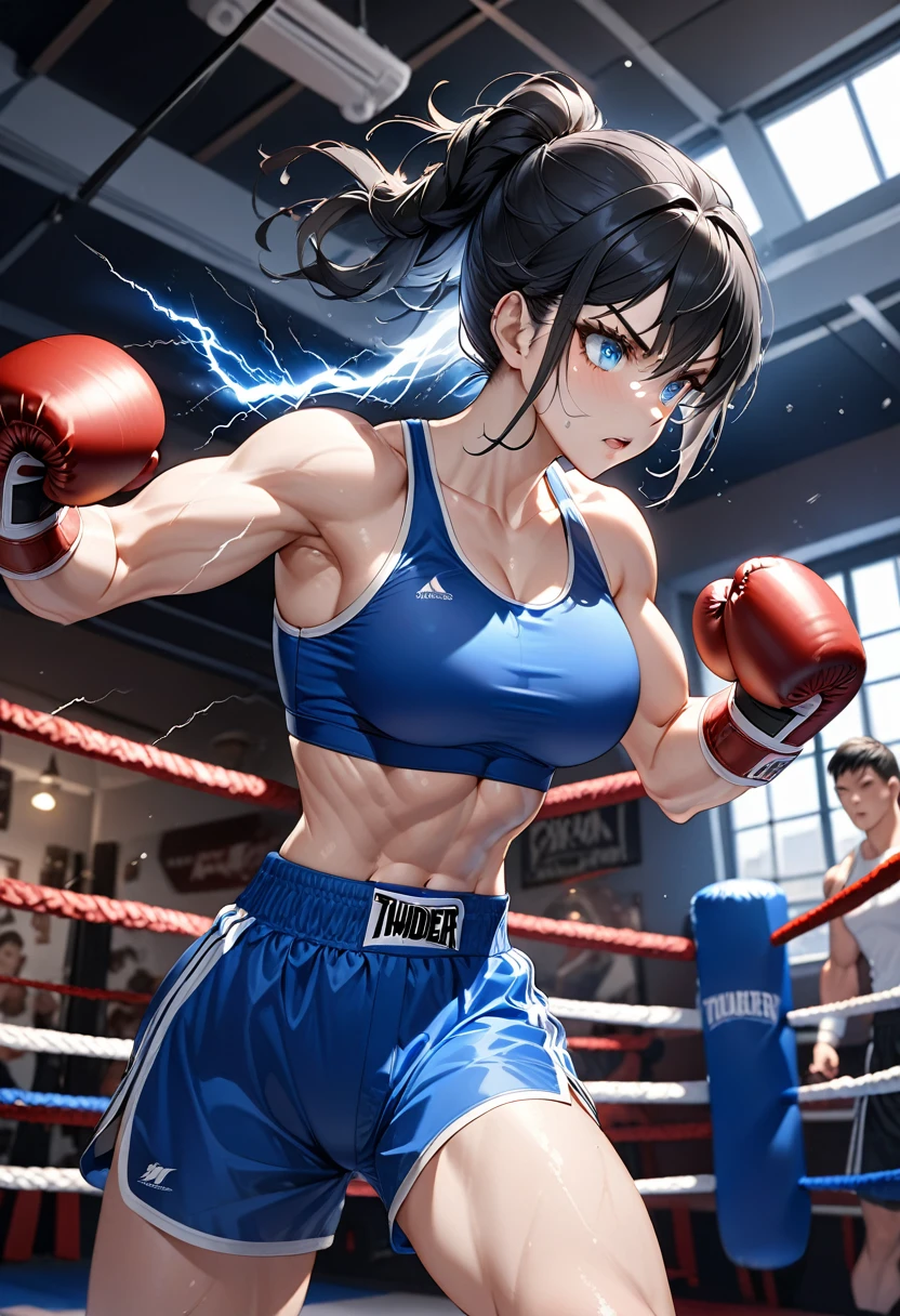 Ultra Quality, Extremely Detailed, High Resolution, Woman, Boxer, porcelain skin, medium shot, boxing gym, blue shining eyes, punching, dressed as boxer, thunder, black hair, braided ponytail, medium shot, athletic body, biceps, dynamic angle, dressed as Boxer, dynamic angle