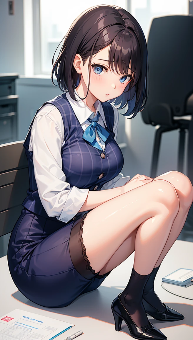 (Panties on one leg:1.3), Best Quality, nsfw,　Beautiful woman、Officeレディー、Brown Hair、(blue eyes、Straight bangs)、Short Hair、チェック柄のダークブルーのOfficeスーツ)、New Employees,whole bodyショット、Female office lady、break(Dark blue checked vest、White dress shirt、Navy blue long tight pencil skirt:1.2)、(Black tights、High heels)、break(Office:1.3)、(((whole body)))、(((Position:1.2)))、((small breasts)),