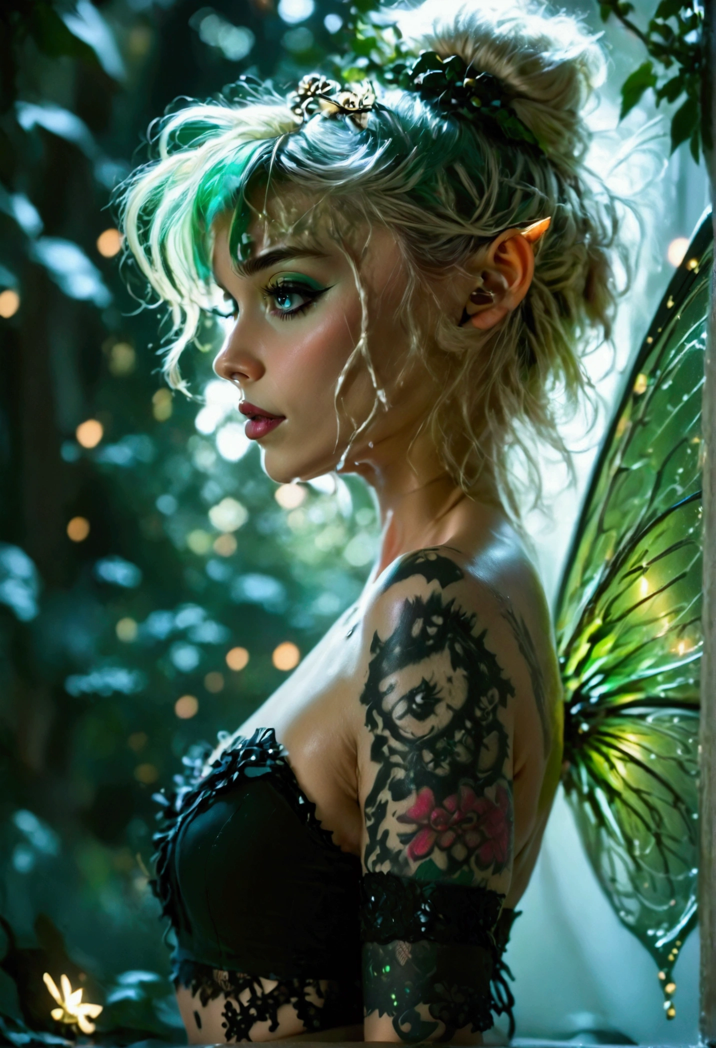 Dark tinkerbell, Goth Fairy, with a tattoo on her chest, in style of anne stokes, full body pose, full length portrait of fairy, beautiful fairy, realistic digital art 4k, digital fantasy portrait, intricate Tattoos, blonde hair styled in a messy updo, emerald green fairy wings, black lace-trimmed crop top, ethereal light filtering through the canopy, intricate body art, magical atmosphere, dark and mystical background, sharp focus on the subject, soft bokeh effect in the background. AniPnyXLQual, GothMOONXL