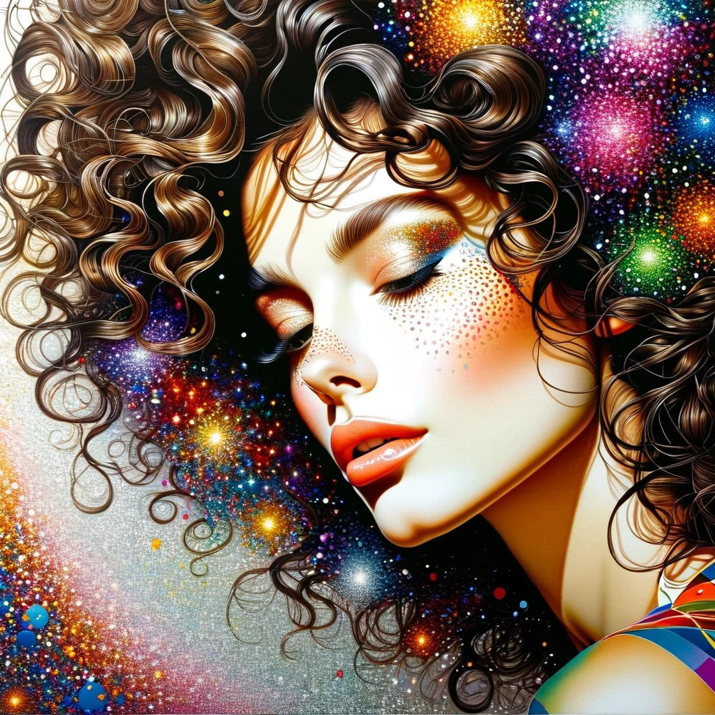 A painting depicting a close-up of a very beautiful brunette woman with curly hair, whose face is strewn with multicolored glitter and patterns!!!!inspired by Solve Sundsbo, high detail, front light, bright colors, modern European ink painting, high quality, high detail, masterpiece,