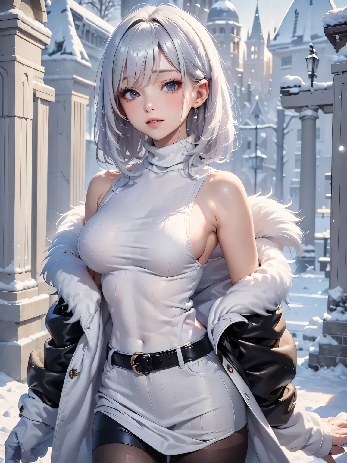 masterpiece:1.5, high quality. 1girl, turtleneck sweater, sideboob, black short pants, pantyhose, white hair, fur white coat, medium breasts, bright skin. background: winter ruins, snow fall. ダイナミックなポーズ