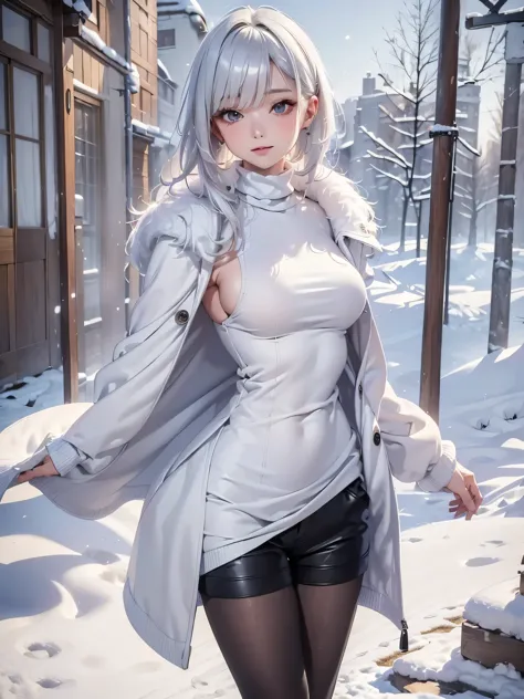 masterpiece:1.5, high quality. 1girl, turtleneck sweater, sideboob, black short pants, pantyhose, white hair, fur white coat, me...