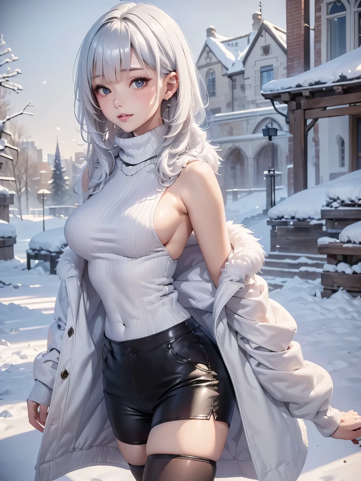 masterpiece:1.5, high quality. 1girl, turtleneck sweater, sideboob, black short pants, pantyhose, white hair, fur white coat, medium breasts, bright skin. background: winter ruins, snow fall. ダイナミックなポーズ