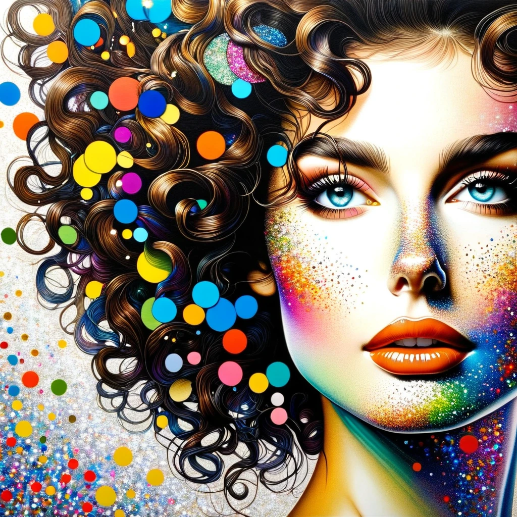 A painting depicting a close-up of a very beautiful brunette woman with curly hair, whose face is strewn with multicolored glitter and patterns!!!!inspired by Solve Sundsbo, high detail, front light, bright colors, modern European ink painting, high quality, high detail, masterpiece,