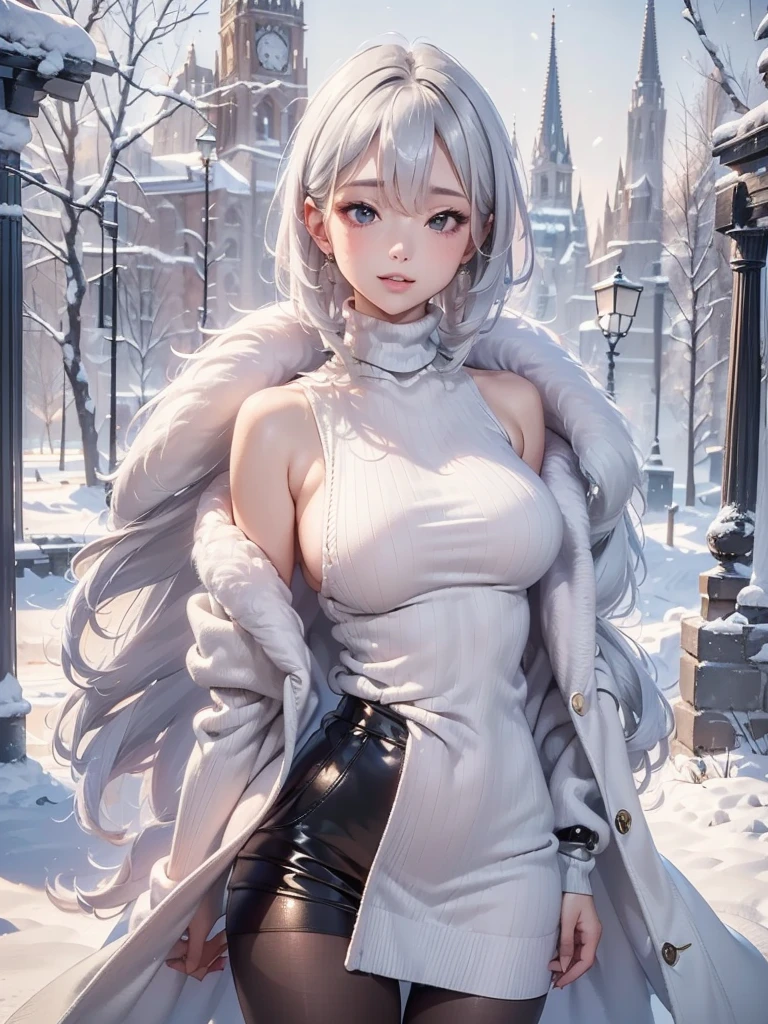 masterpiece:1.5, high quality. 1girl, turtleneck sweater, sideboob, black short pants, pantyhose, white hair, fur white coat, medium breasts, bright skin. background: winter ruins, snow fall. ダイナミックなポーズ
