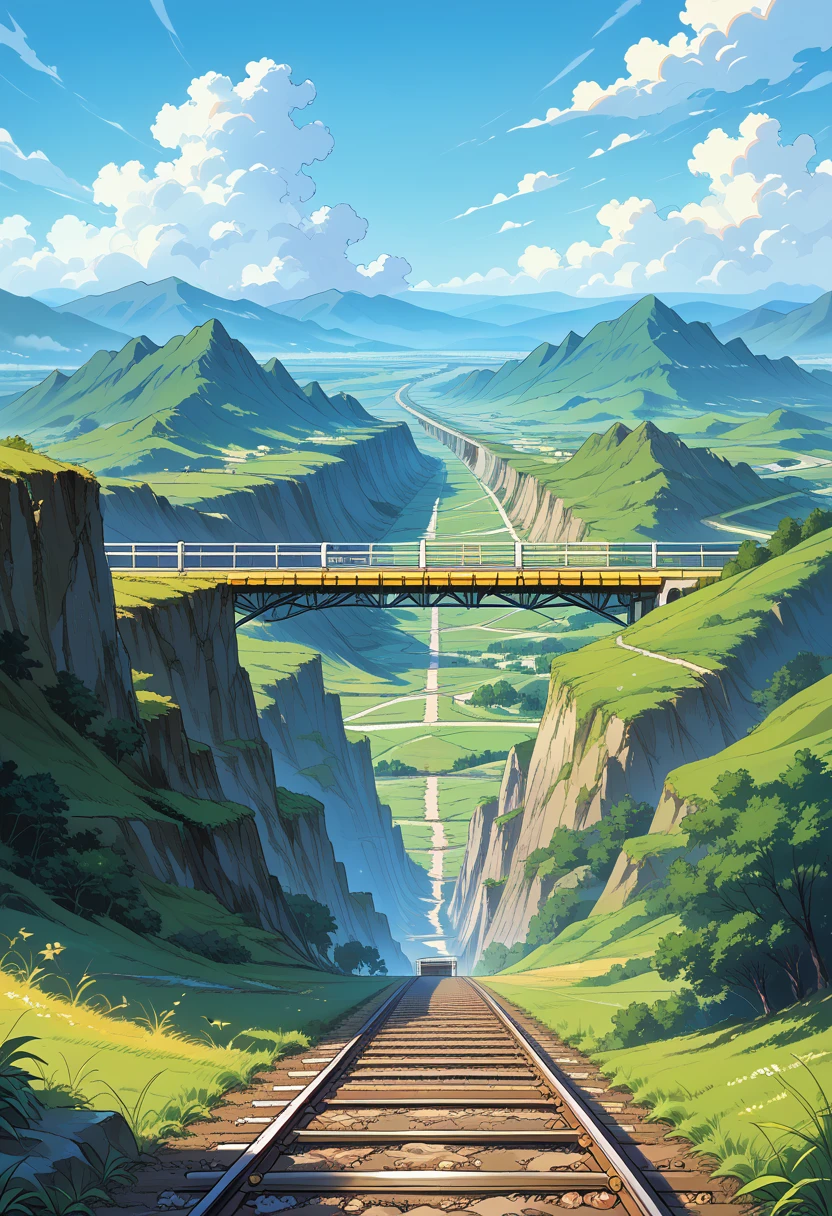 There is a beauty standing on the railway tracks, with plates, landscape art, anime background art, lepfe art, Detailed Landscape - Width 672, Landscape art detailed, lepfe art style, beautiful anime landscape, made in an anime artist&#39;s studio, background image, anime village landscape, beautiful art uhd 4k, Anime Art Wallpaper 8K, anime landscape