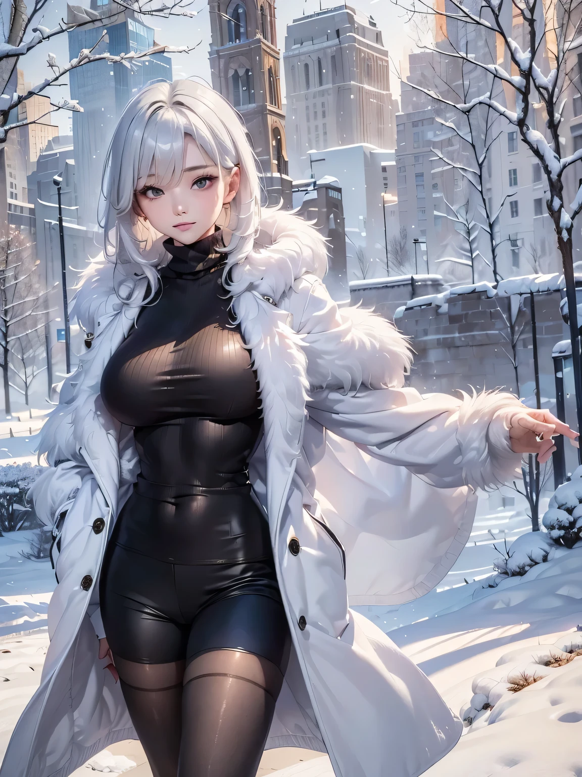 masterpiece:1.5, high quality. 1girl, turtleneck sweater, sideboob, black short pants, pantyhose, white hair, fur white coat, medium breasts, bright skin. background: winter ruins, snow fall. ダイナミックなポーズ
