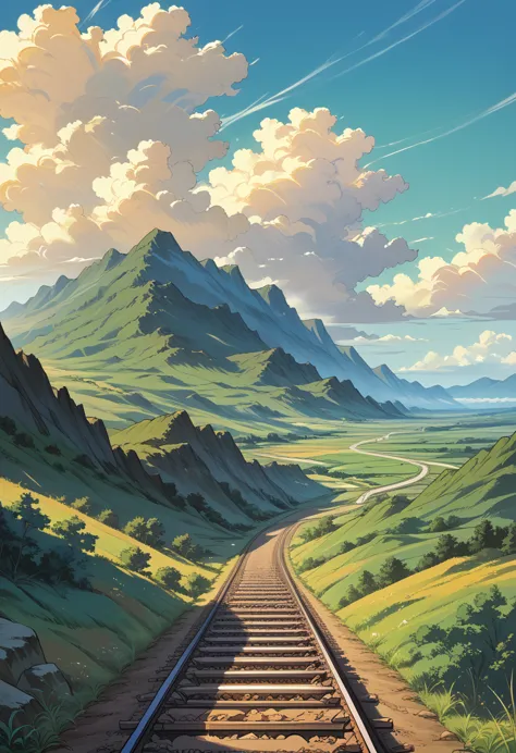 there is a beauty standing on the railway tracks, with plates, landscape art, anime background art, lepfe art, detailed landscap...