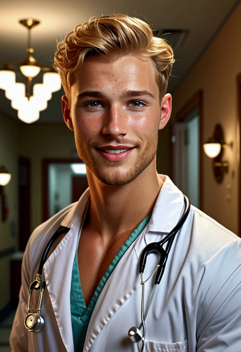 Beautiful young man with short golden blonde hair, bright intense grey eyes, detailed face with shaved beard, blushing cheeks, extremely realistic and detailed face, freckles on his cheeks, he has a big charming smile on his face, he is muscular, elegant man with classy pose, he is dressed like a doctor and has his hands put in the pockets of his hospital gown, in the background an emergency room with stretchers and medical instruments, cinematic lighting, dramatic lighting, soft lighting, baroque style, romantic, ornate, intricate details, masterpiece, (best quality, 4k, 8k, high resolution, masterpiece: 1.2), ultra detailed, (realistic, photorealistic, photorealistic: 1.37), vibrant colors, dark tones, warm lighting