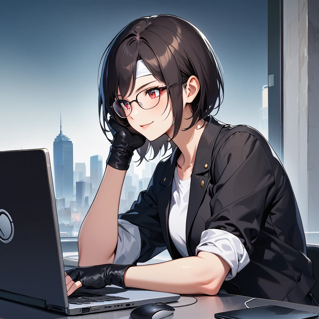 Woman in her 20s working at computer, portrait, professional, smart ((black jacket with rolled up sleeves)), fingerless gloves, white T-shirt, ((white headband)), black pants, white shoes, wearing brown belt, stylish glasses, typing on a sleek laptop, black hair, shorthair, red eyes, use wireless mouse, sitting at modern desk, confident smile, city skyline in background, soft natural light, high resolution, highly detailed.

