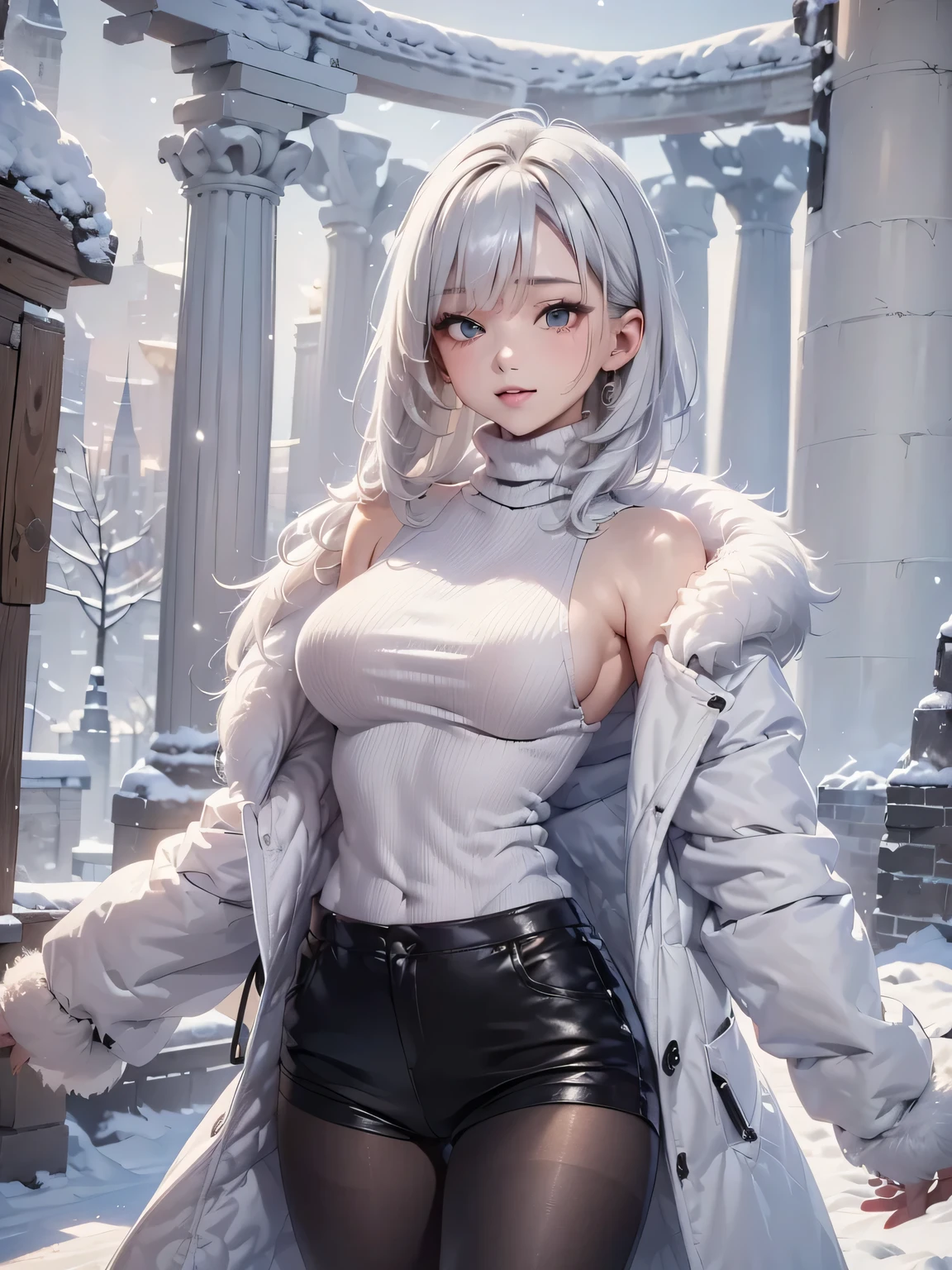 masterpiece:1.5, high quality. 1girl, turtleneck sweater, sideboob, black short pants, pantyhose, white hair, fur white coat, medium breasts, bright skin. background: winter ruins, snow fall. ダイナミックなポーズ
