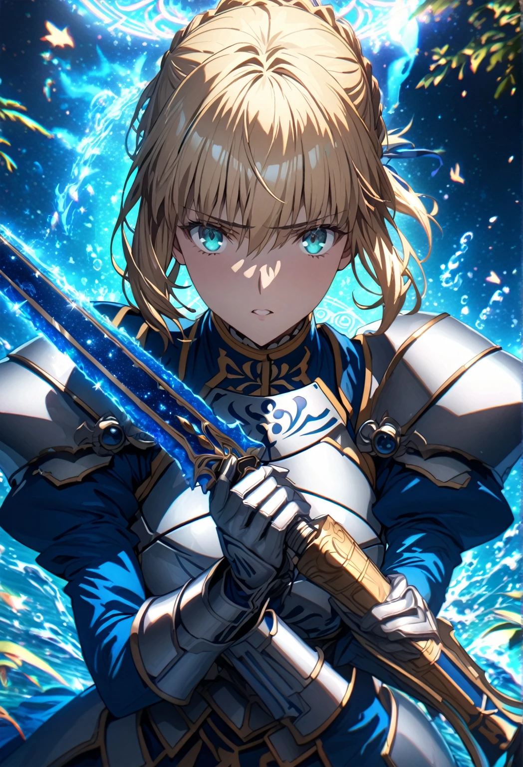 absurdres, highres, ultra detailed, HDR, master piece, Artoria Pendragon, blonde hair tied in a bun, expressive turquoise eyes, Saber, blue dress, extremely beautiful, sexy woman holding a sword, best quality, Fate Grand Order, magical circle, fantasy, magical, sensual, blue starry sky, glittering, accessories, silver armor, blue ribbon, blue magic, blue flames, water, silver gloves,